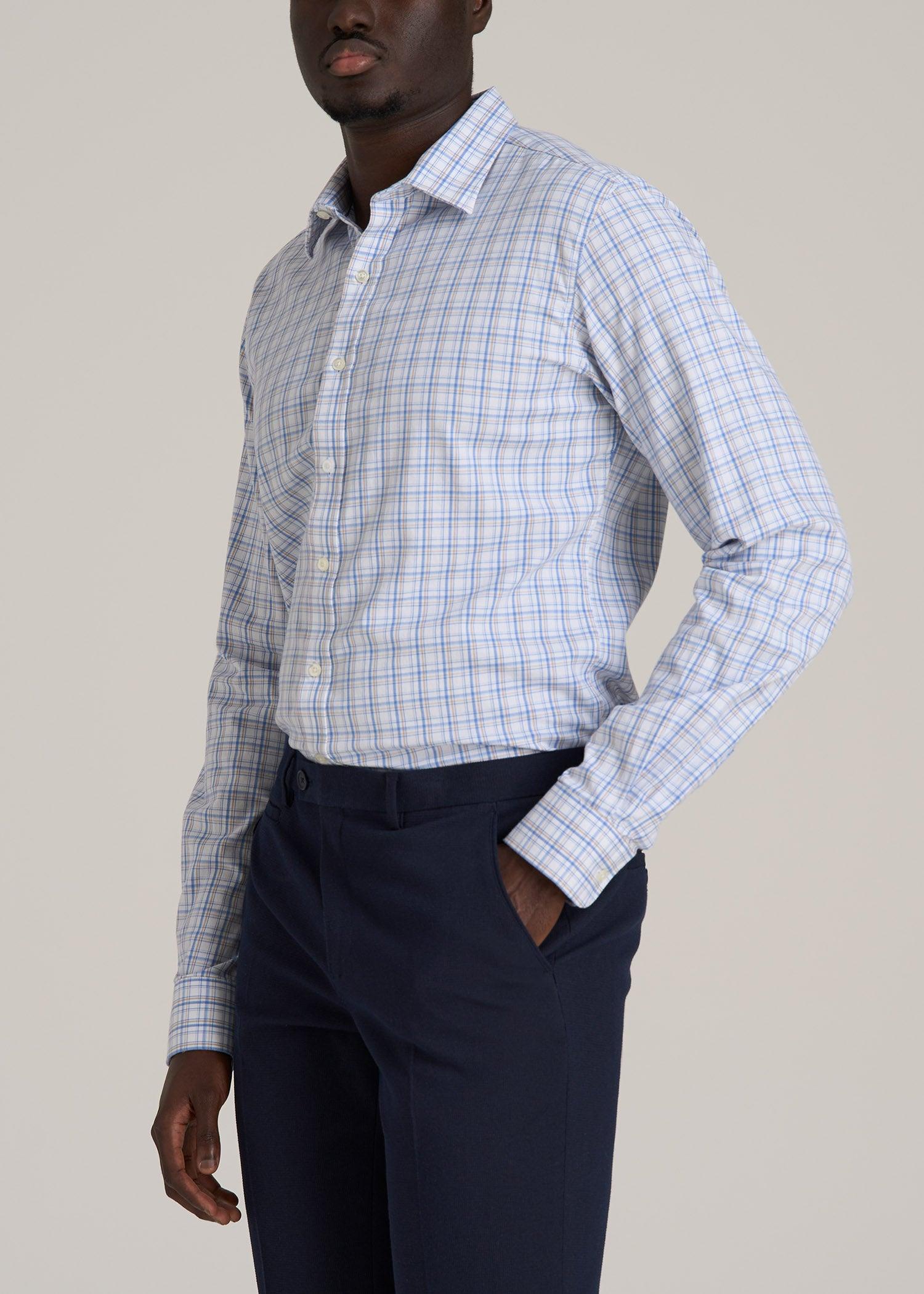 Oskar Button-Up Dress Shirt for Tall Men in Soft Blue and Beige Plaid Product Image