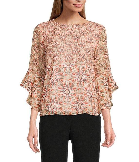 Kasper Petite Size Chiffon Boat Neck Ruffle 3/4 Sleeve Blouse Product Image