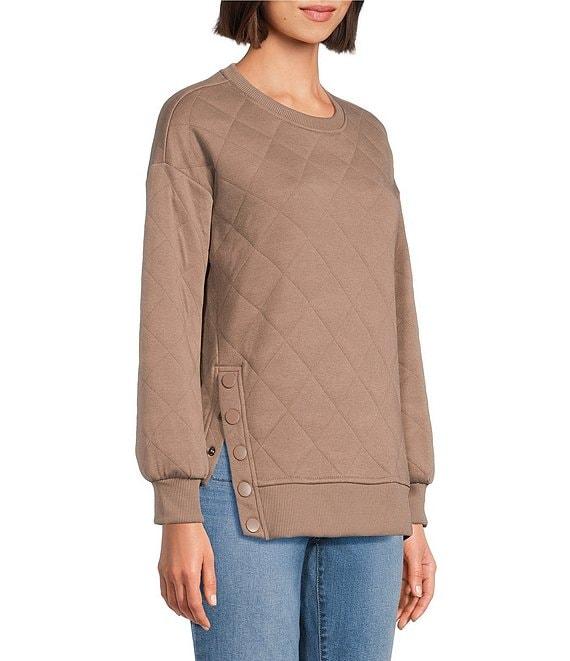 Westbound Petite Size Crew Neck Button Detail Long Sleeve Quilted Pullover Product Image