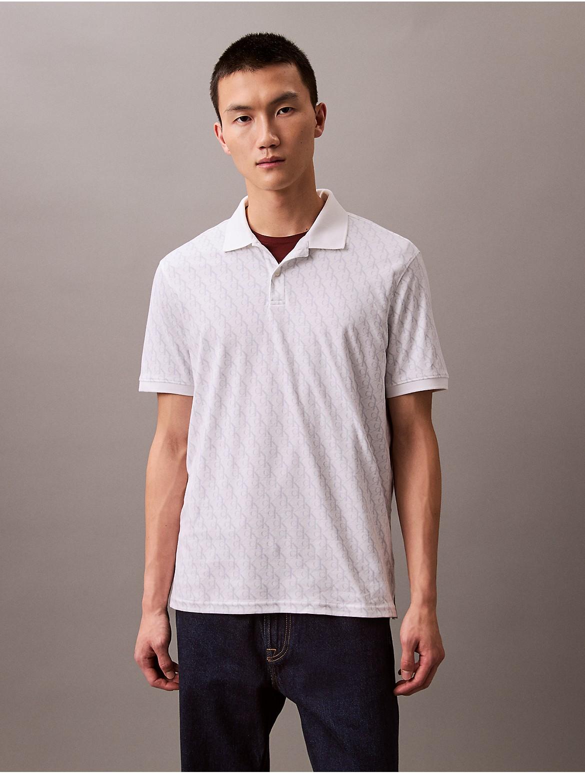 Calvin Klein Mens Liquid Touch Monogram Print Polo Shirt - White Product Image