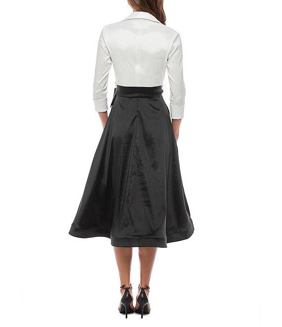 Marina Collared V Neck 3/4 Sleeve Tie Sash Taffeta Fit and Flare Midi Dress Product Image