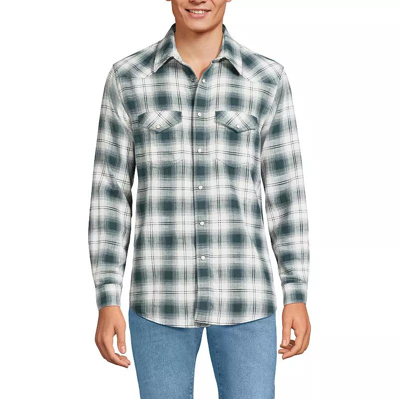 Men's Lands' End Plaid Western-Style Shirt, Size: XL, Ivory Caramel Plaid Product Image