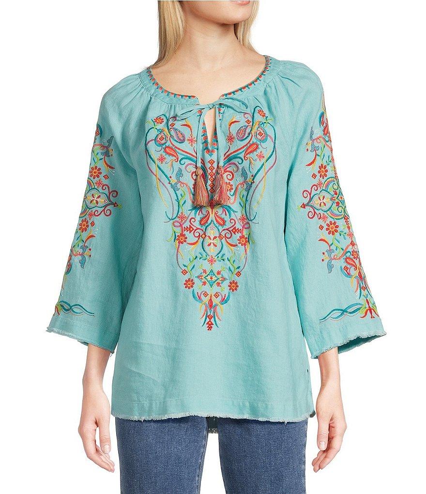 John Mark Petite Size Floral Embroidered Split V-Neck 3/4 Sleeve Frayed Tassel Tie Tunic Product Image