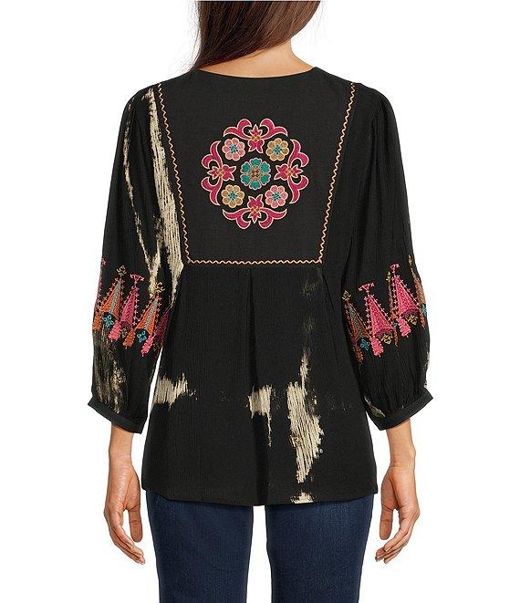 Calessa Petite Size Floral Tie-Dye Embordered Split Neck Tassel Tie Long Sleeve Tunic Product Image