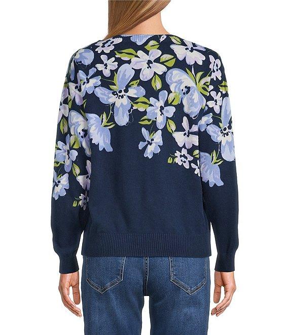 Nurture Navy Floral Printed Knit Long Sleeve V-Neck Sweater Product Image
