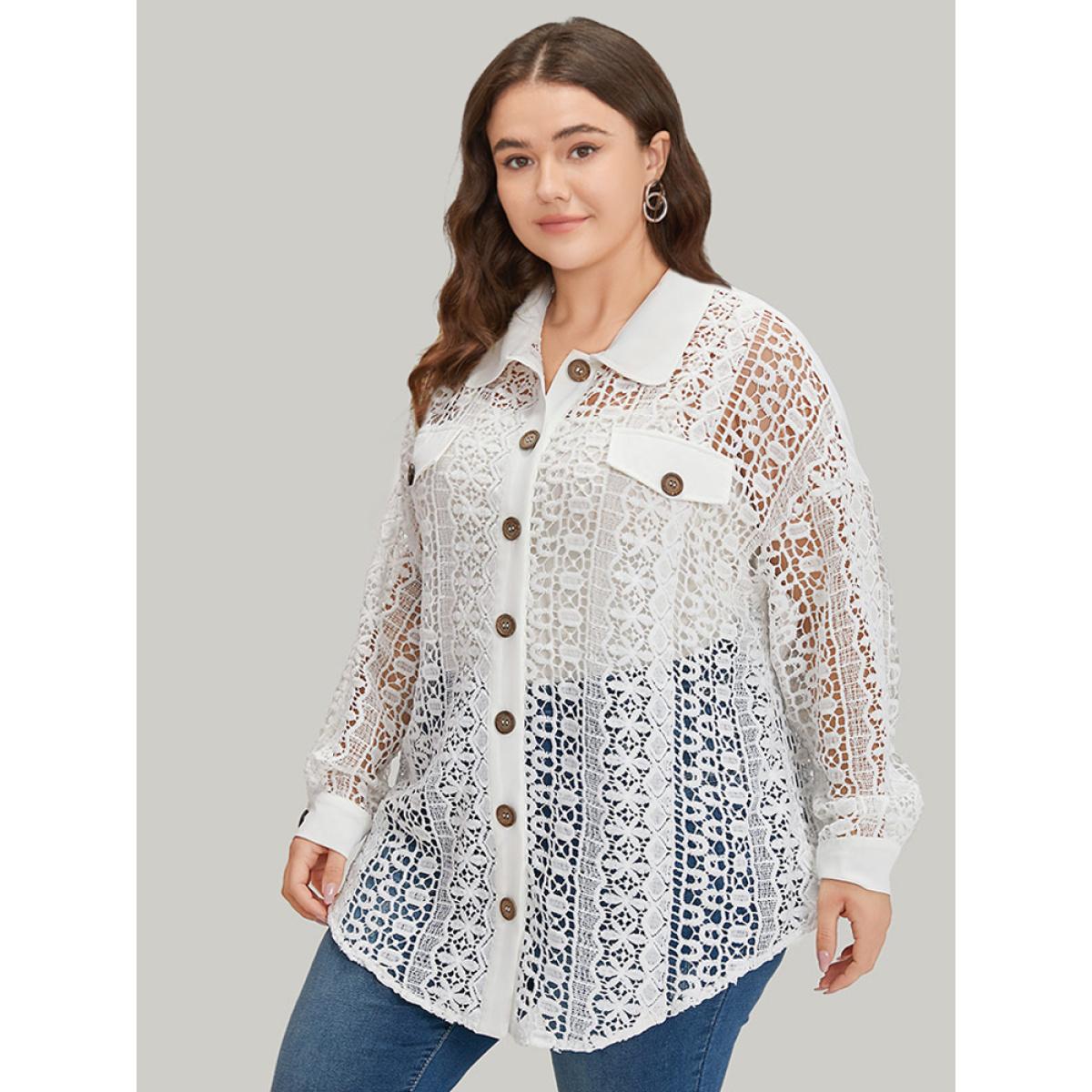Plus Size Plain Cut Out Lace Patchwork Button Through Jacket Women White Casual Patchwork Ladies Dailywear Winter Coats BloomChic 10/M Product Image