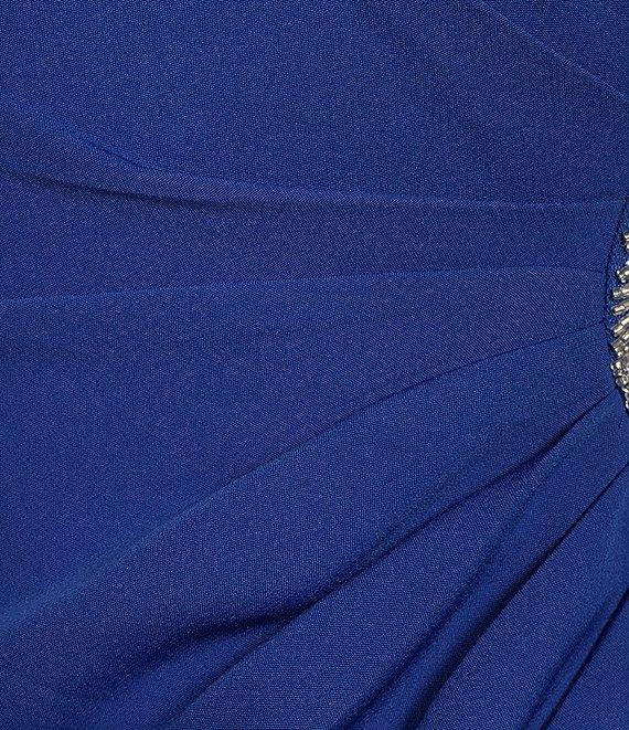 JS Collections Stretch Crepe One Shoulder Neck One Cape Sleeve Beaded Side Sheath Midi Dress Product Image