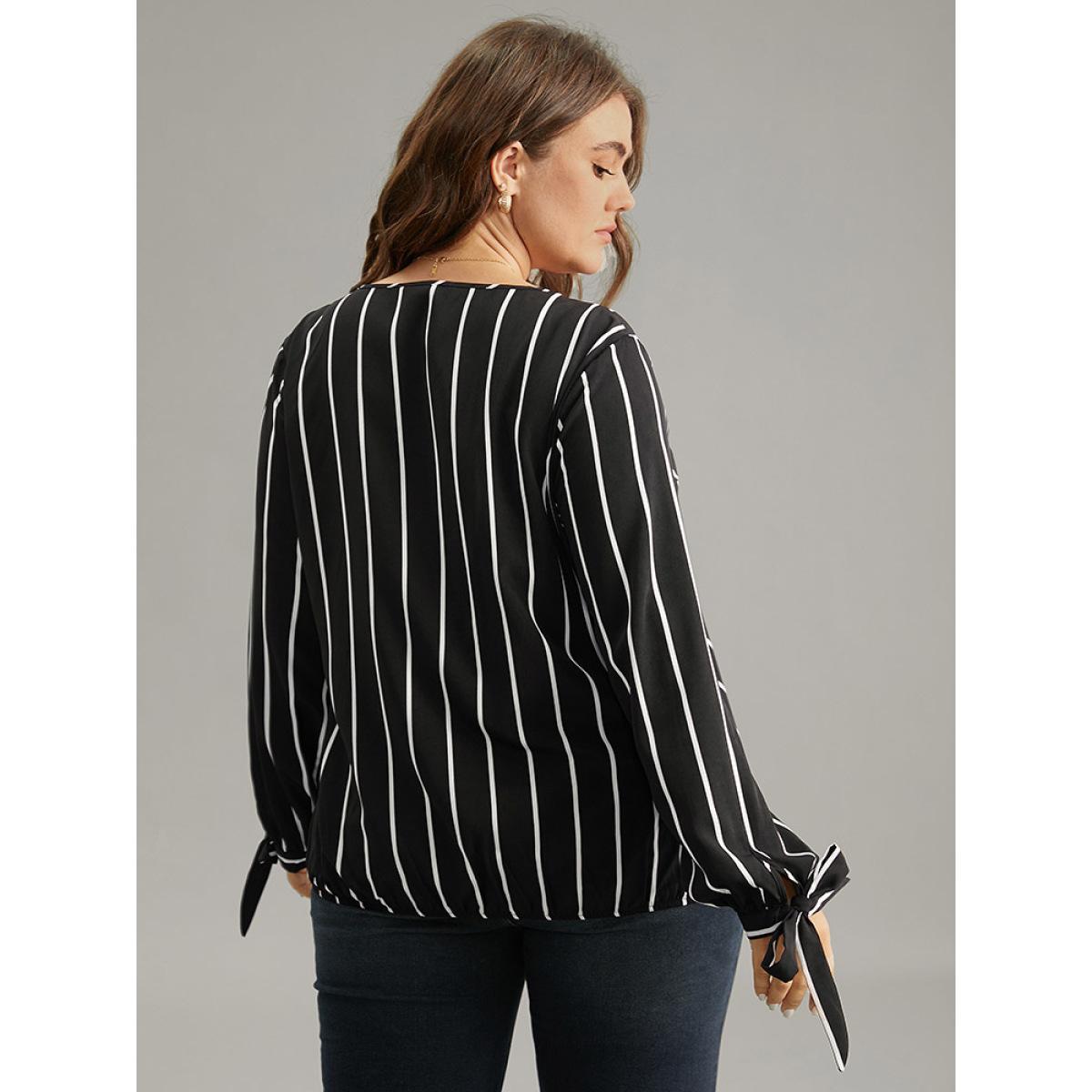 Plus Size Black Striped Bowknot Cuffs Surplice Neck Blouse Women Office Long Sleeve Overlap Collar Office Blouses BloomChic 14-16/1X Product Image