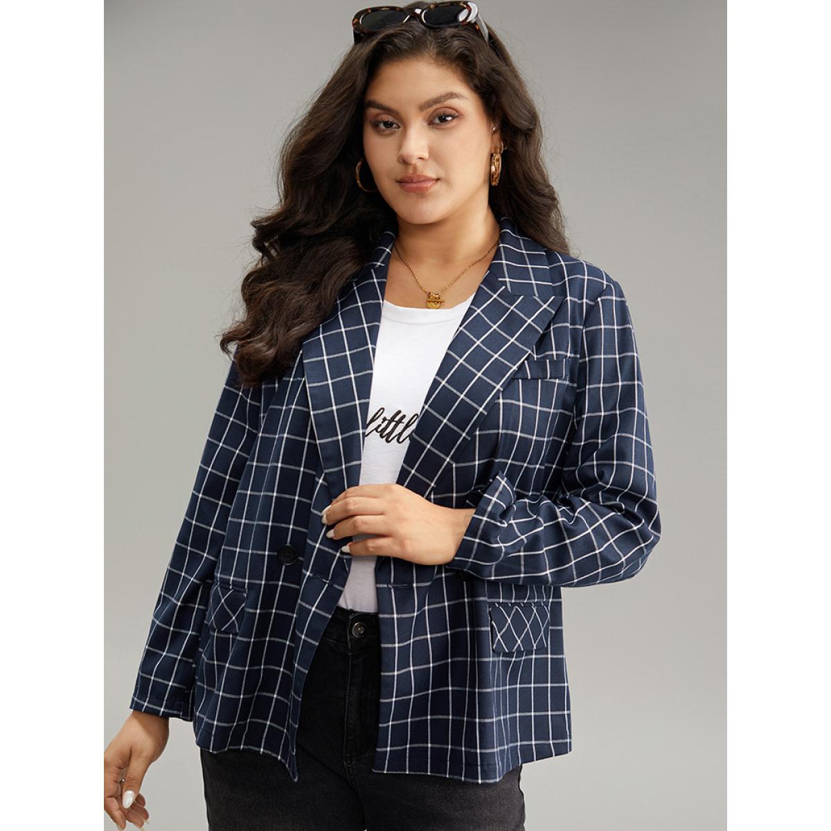 Plus Size Plaid Flap Detail Suit Collar Button Up Blazer DarkBlue Women Dailywear Plaid Contrast Sleeve Long Sleeve Suit Collar 12/L Pocket Casual Blazers BloomChic Product Image