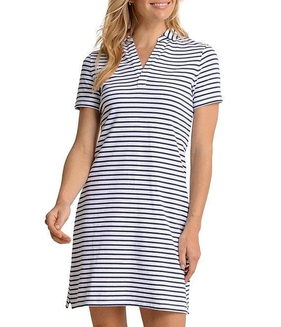 Southern Tide Demi Stripe Print Collared V-Neck Short Sleeve Cotton Polo A-Line Dress Product Image