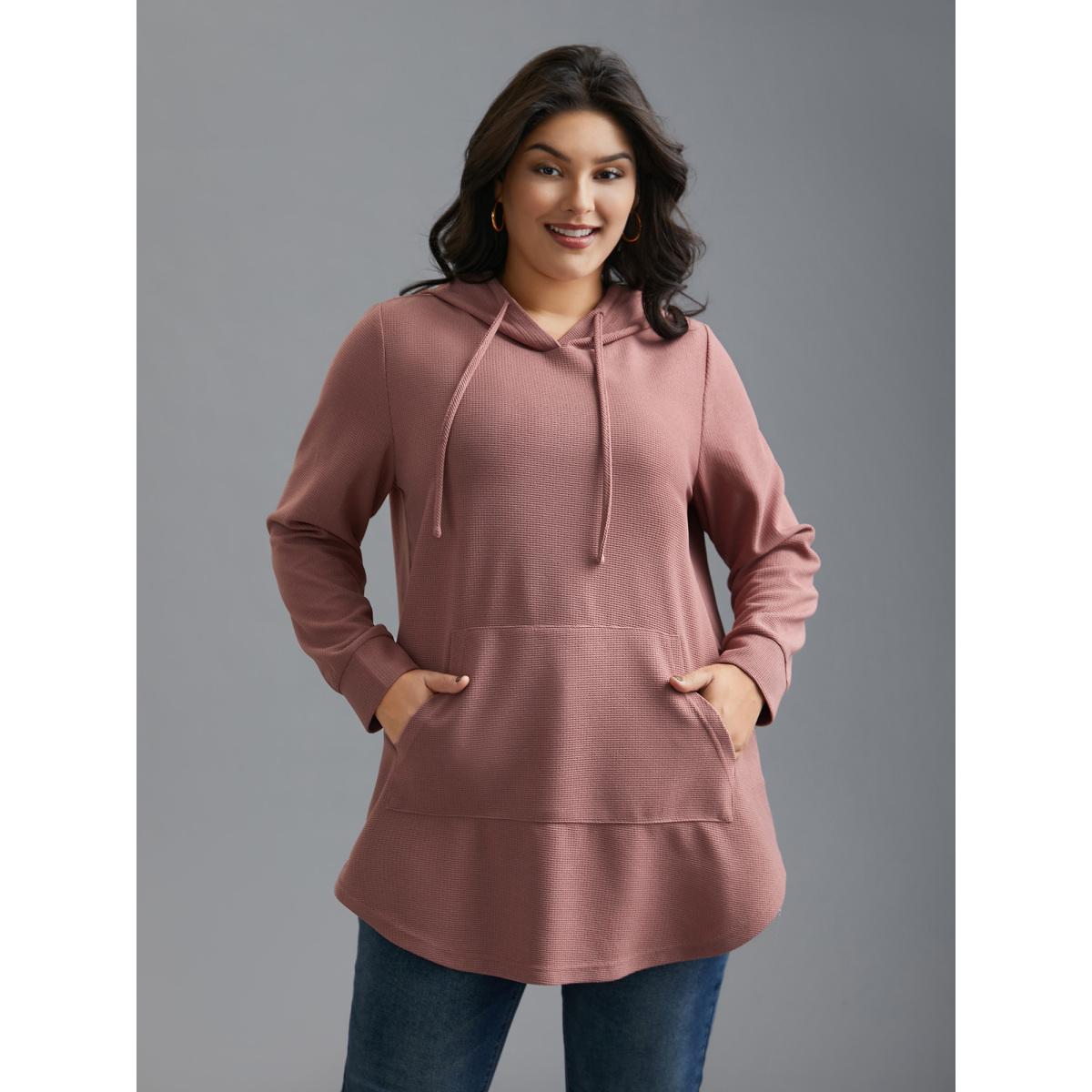 Plus Size Waffle Knit Hooded Drawstring Sweatshirt Women DustyPink Casual Texture Loose Hooded Everyday Sweatshirts BloomChic 10/M Product Image