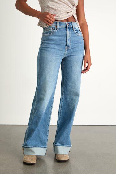 Far Out Medium Wash Wide-Leg Cuffed Jeans Product Image