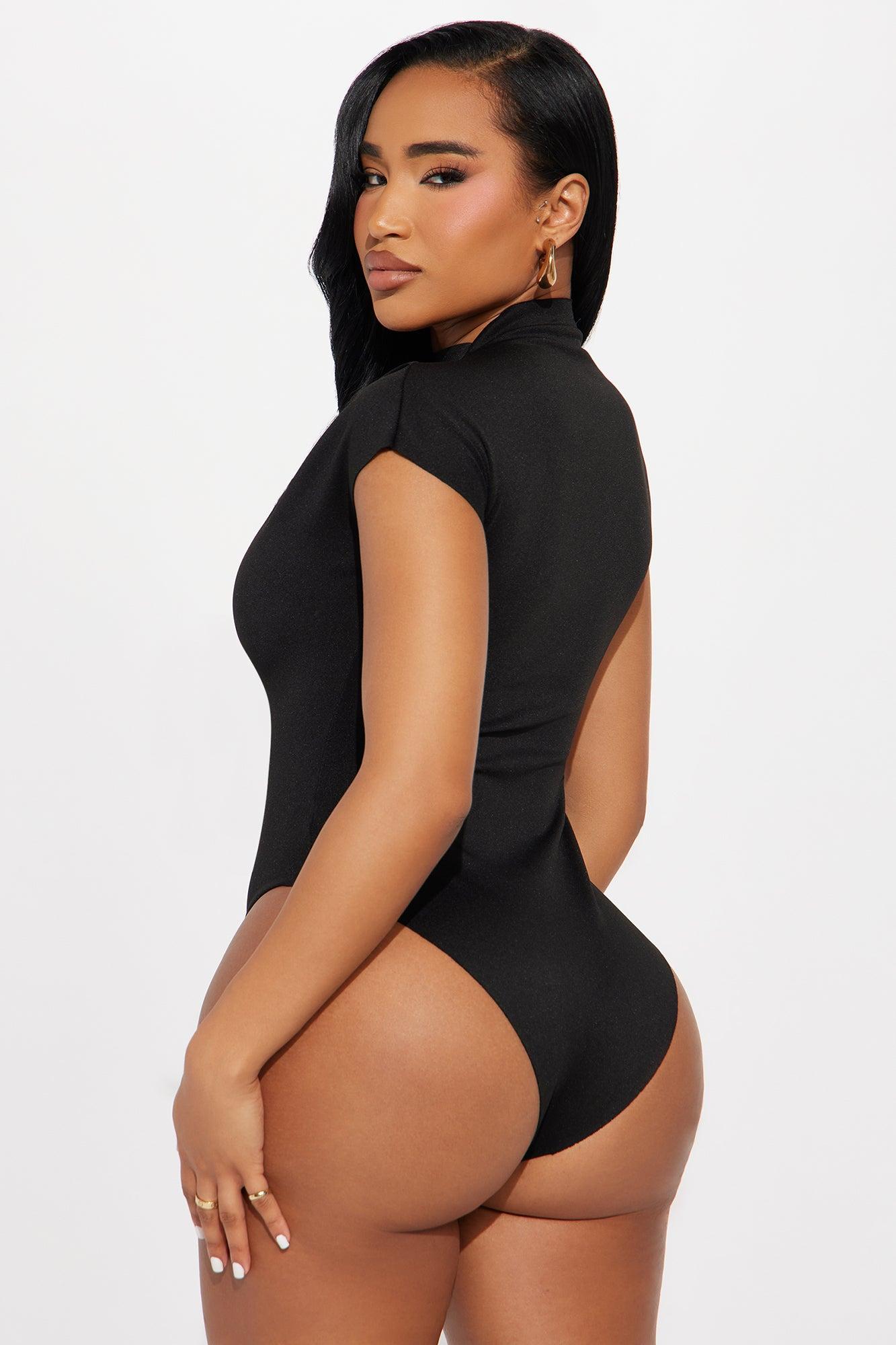 Fern Short Sleeve Mock Neck Bodysuit - Black Product Image