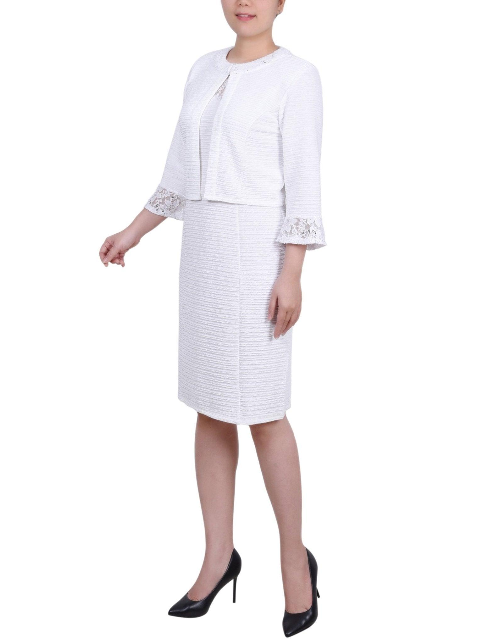 White Two Piece Novelty Knit and Lace Dress Set - Petite Product Image