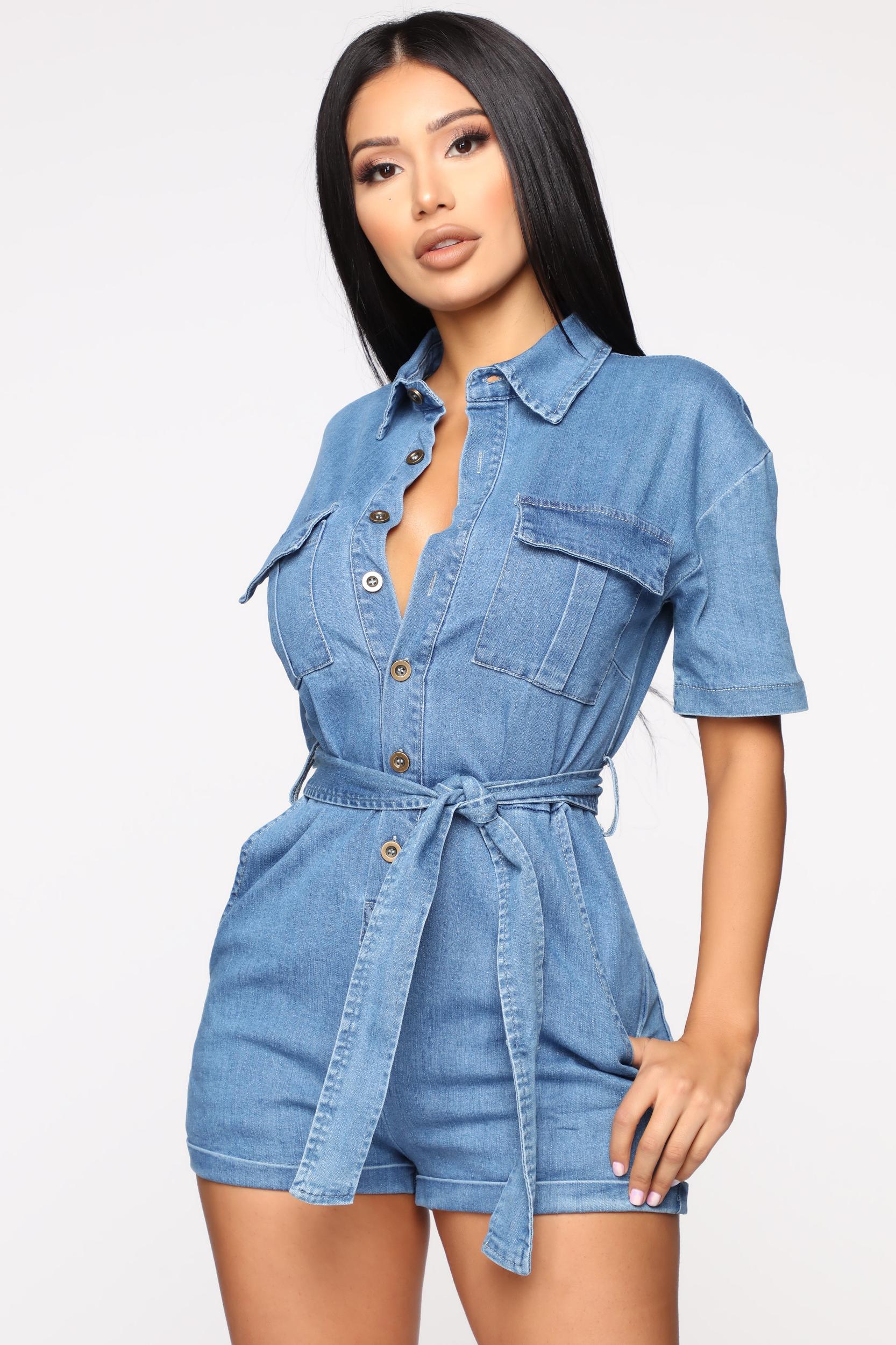 Live A Little Danger Denim Romper - Light Wash Product Image