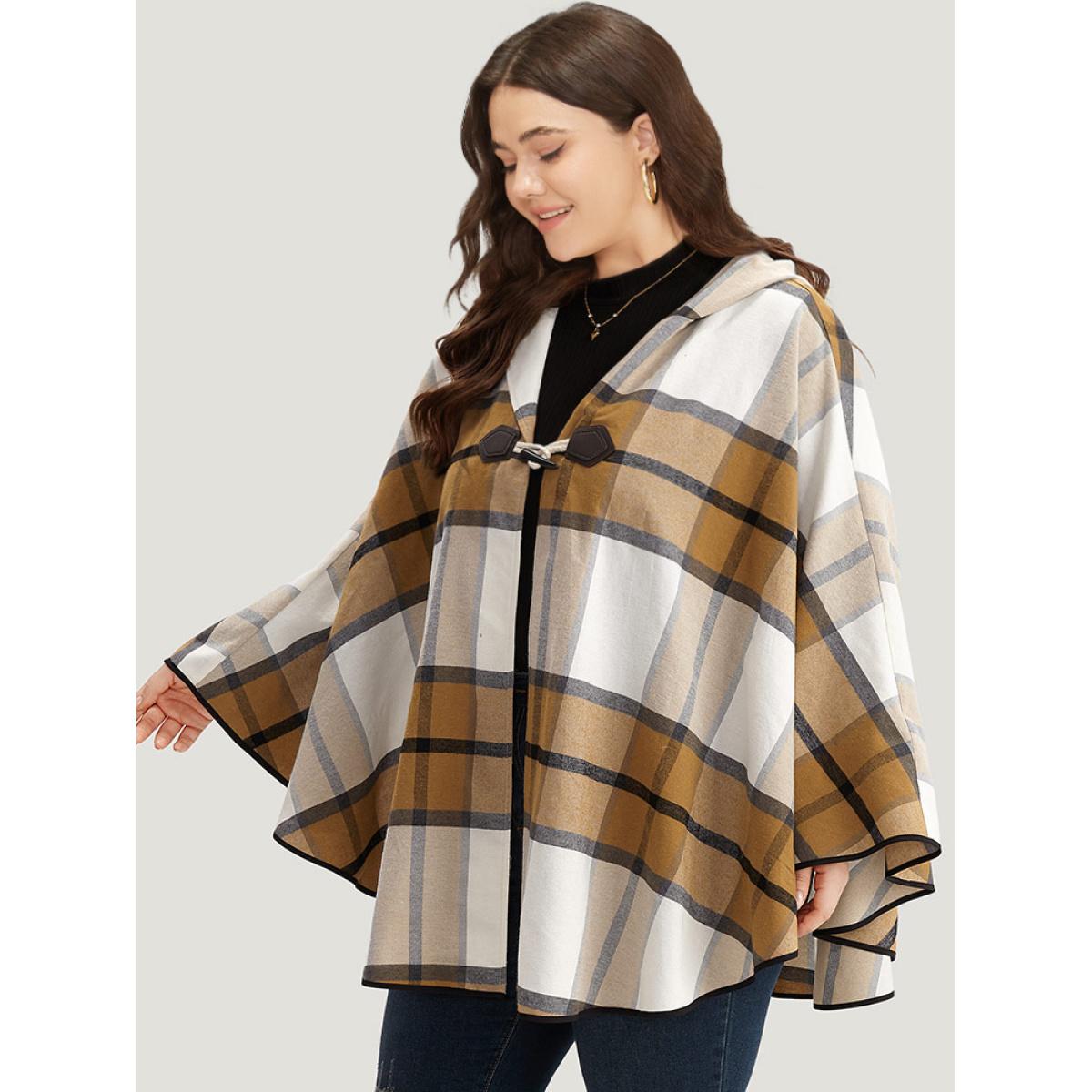 Plus Size Plaid Duffle Button Hooded Cape Coat Women Bronze Casual Button Loose Ladies Dailywear Winter Coats BloomChic 10/M Product Image