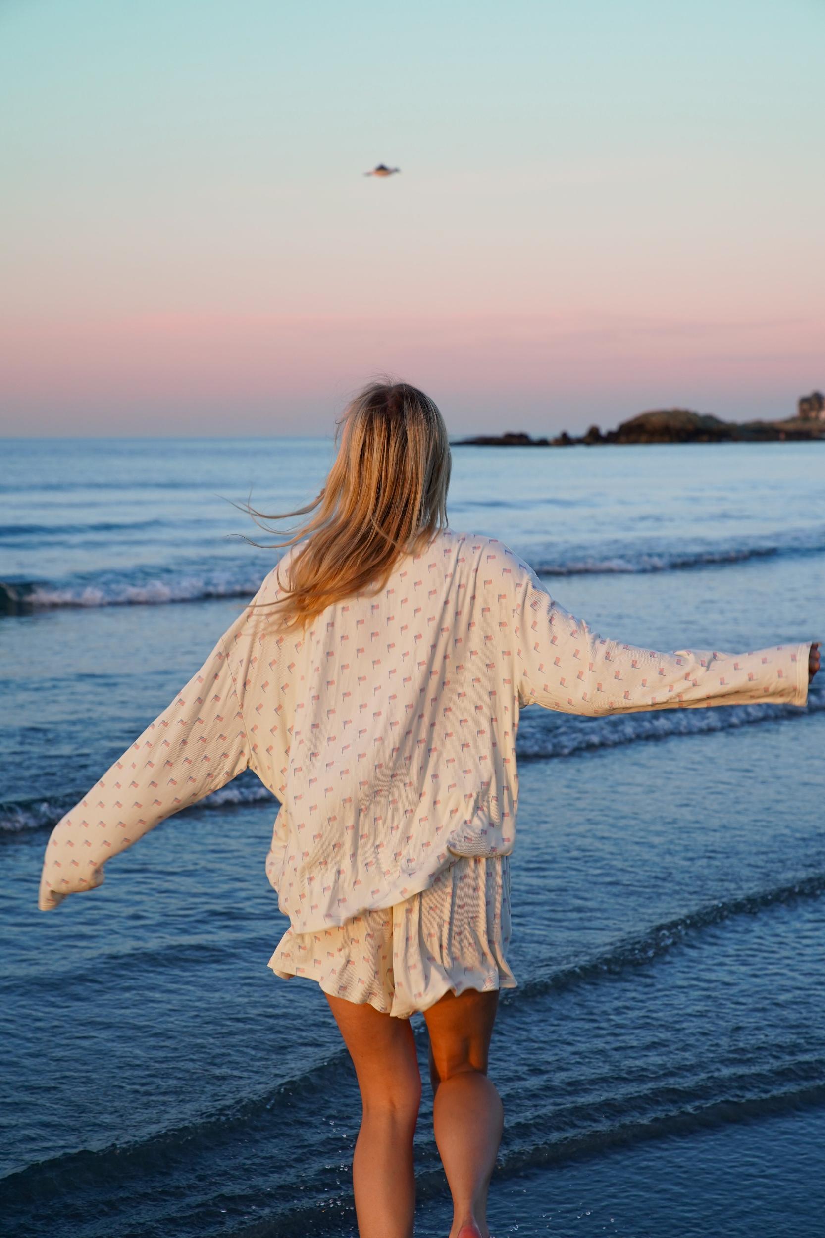 Pale Yellow American Flag Pajama Pattern Top Product Image