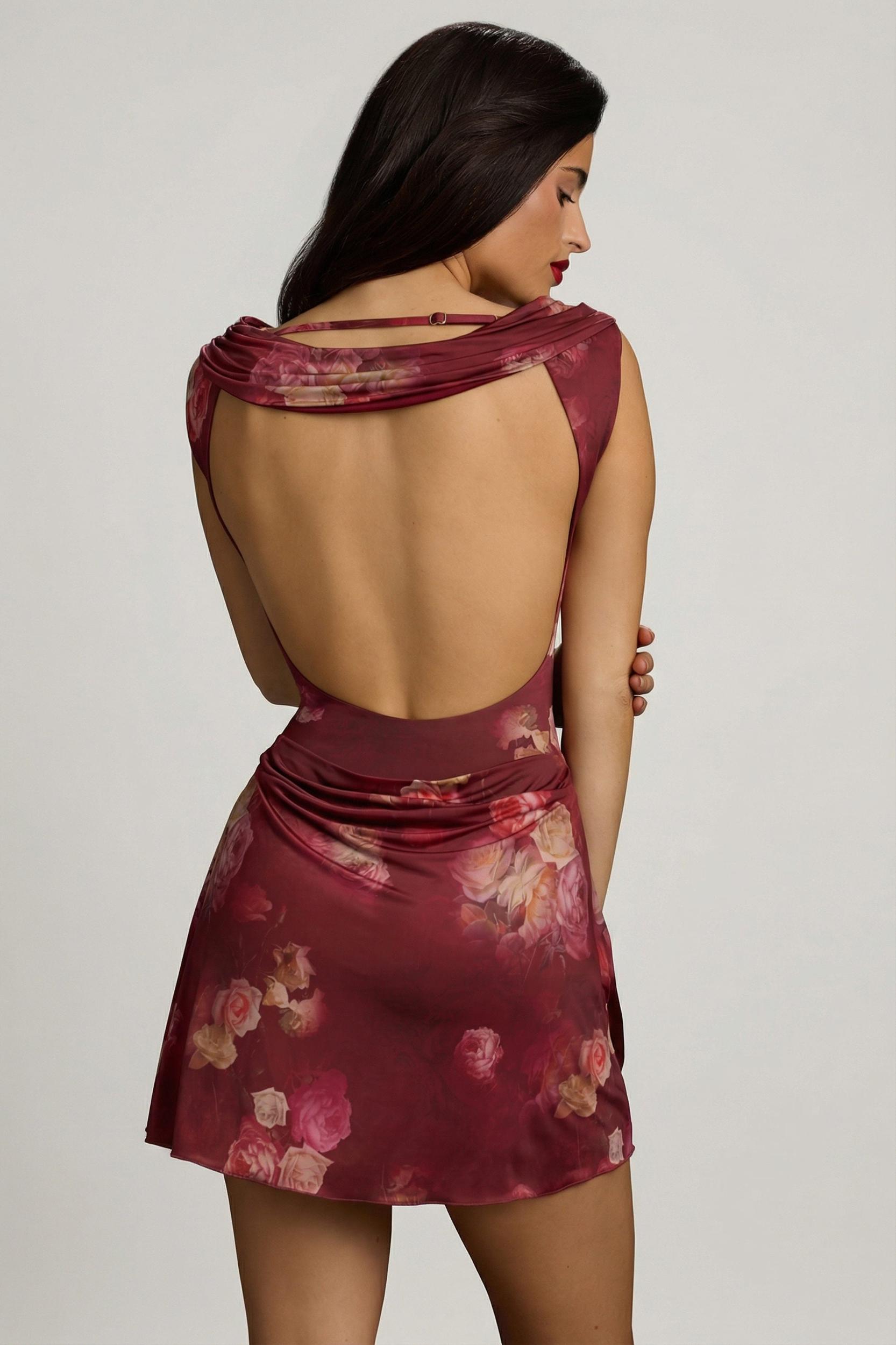 Draped Open-Back A-Line Mini Dress in Maroon Floral Print Product Image