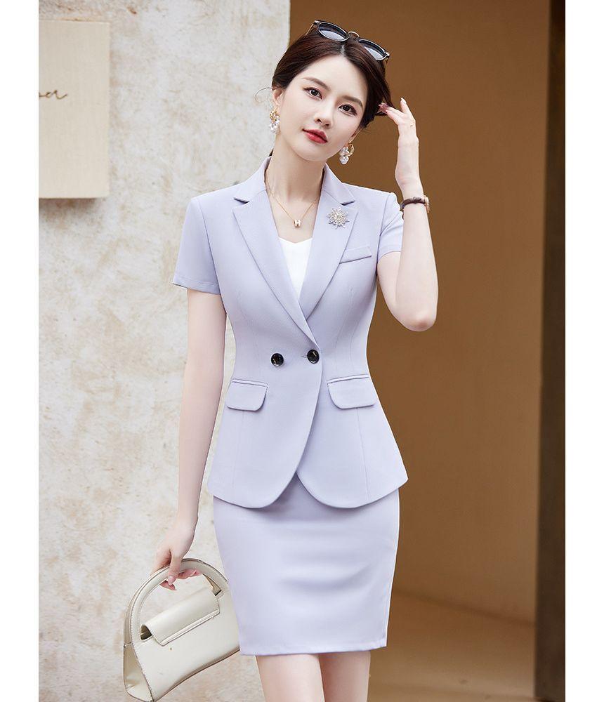 Short-Sleeve Notch Lapel Plain Double Breasted Blazer / High Rise Plain Mini Pencil Skirt / High Rise Cropped Tapered Suit Pants Product Image