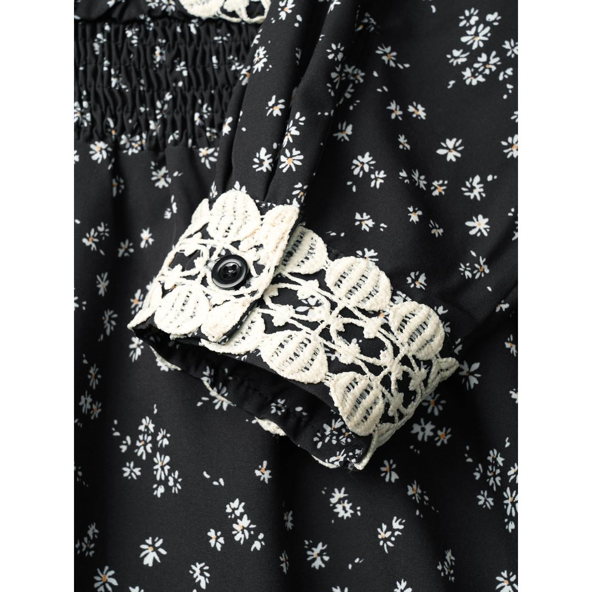 Plus Size Black Ditsy Floral Wrap Shirred Lace Patchwork Blouse Women Elegant Long Sleeve Overlap Collar Vacation Blouses BloomChic 14-16/1X Product Image