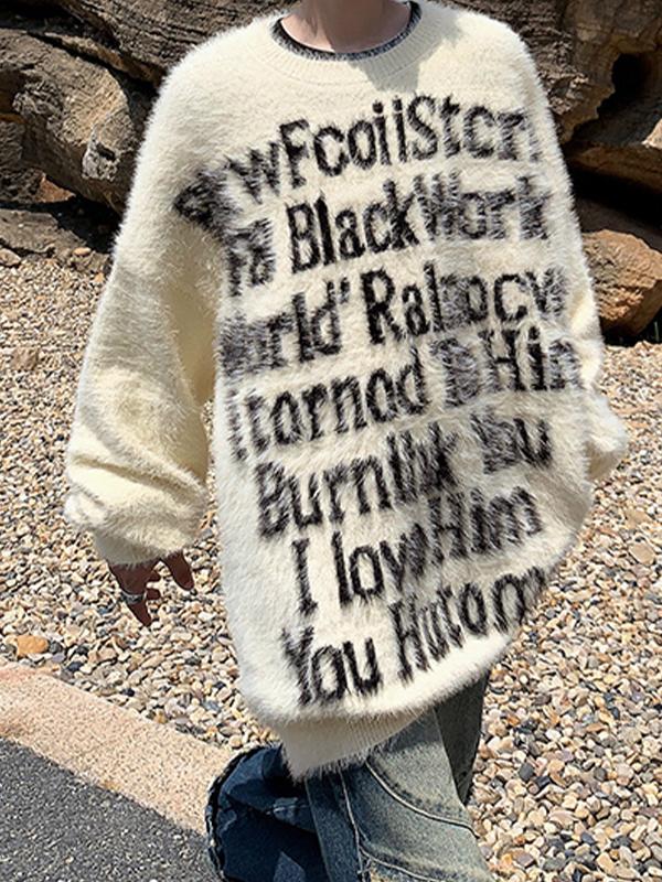 Men's Letter Jacquard Fuzzy Sweater Product Image