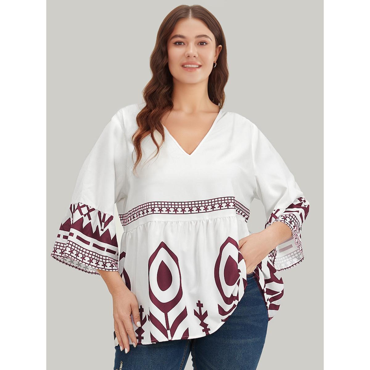 Plus Size Scarlet Silhouette Floral Print Bell Sleeve Ruffle Hem Blouse Women Vacation Elbow-length sleeve V-neck Dailywear Blouses BloomChic 30/6X Product Image