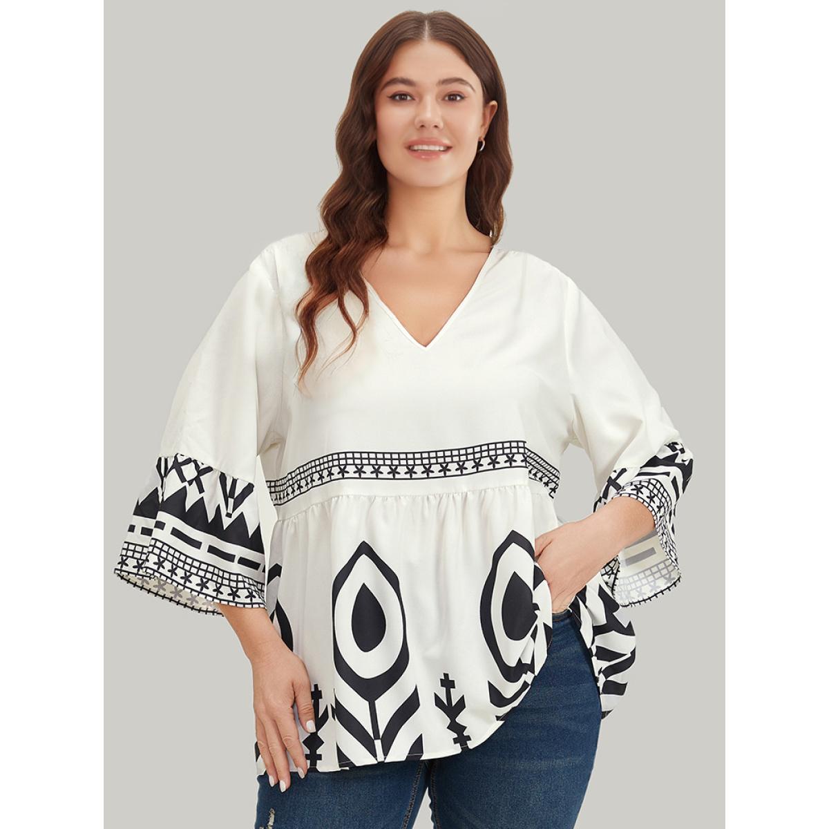 Plus Size Ivory Silhouette Floral Print Bell Sleeve Ruffle Hem Blouse Women Vacation Elbow-length sleeve V-neck Dailywear Blouses BloomChic 18-20/2X Product Image