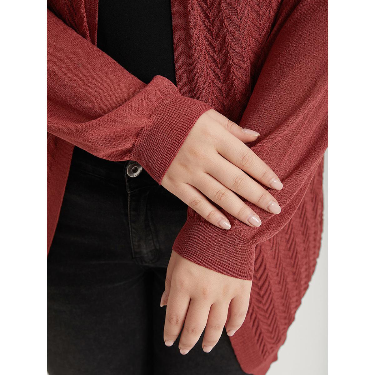 Plus Size Geometric Plisse Patchwork Loose Open Front Cardigan Russet Women Casual Loose Long Sleeve Everyday Cardigans BloomChic 30/6X Product Image