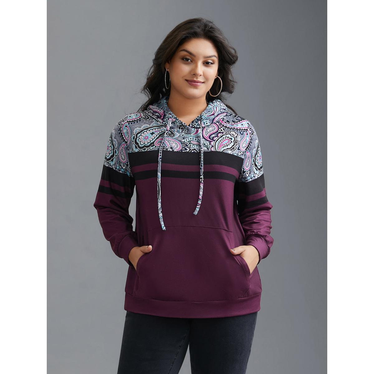 Plus Size Bandana Print Stretchy Contrast Hoodie Women Multicolor Casual Contrast Hooded Everyday Sweatshirts BloomChic 22-24/3X Product Image