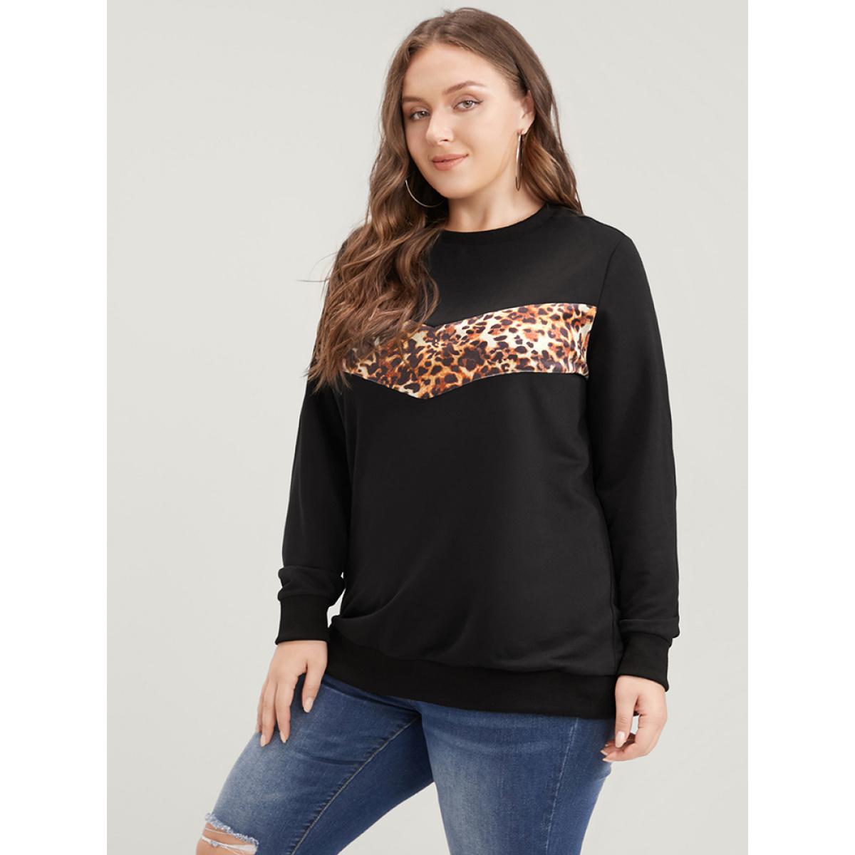 Plus Size Leopard Patchwork Round Neck Drop Shoulder Sweatshirt Women Black Casual Patchwork Round Neck Dailywear Sweatshirts BloomChic 10/M Product Image