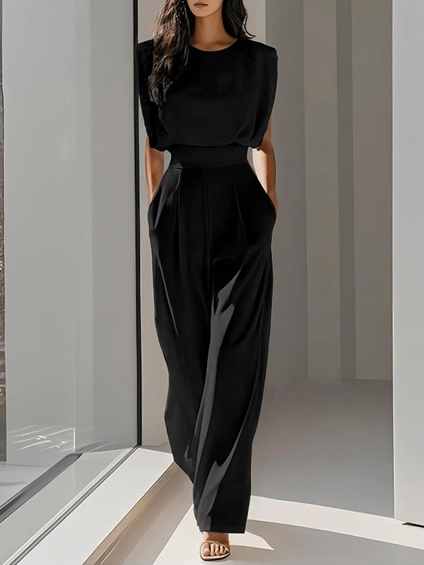 Loose Pleated Solid Color Split-Joint Round-Neck Jumpsuits Product Image