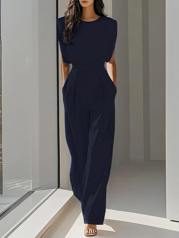 Loose Pleated Solid Color Split-Joint Round-Neck Jumpsuits Product Image