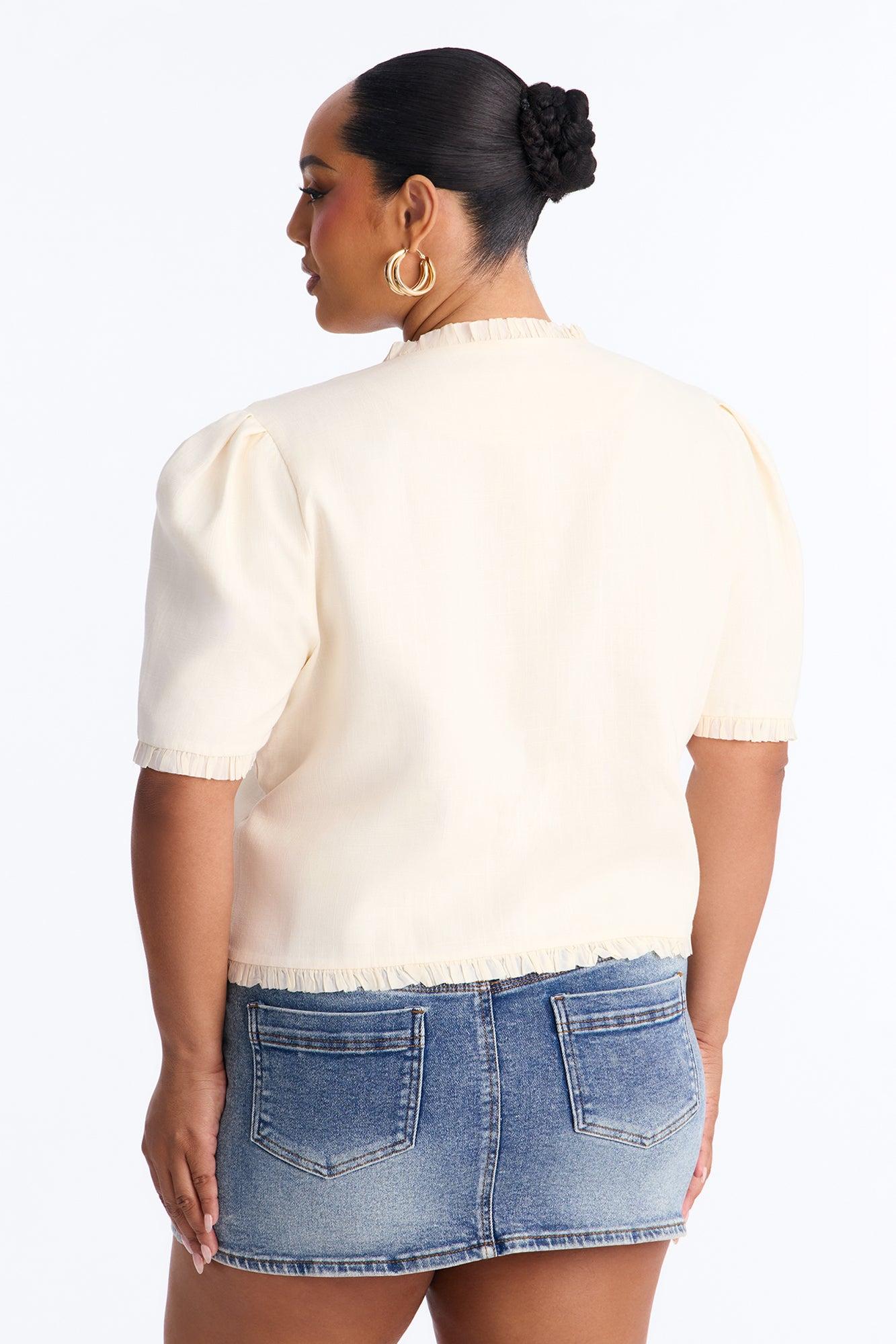 Chic With Love Ruffle Trim Linen Top - Beige Female Product Image