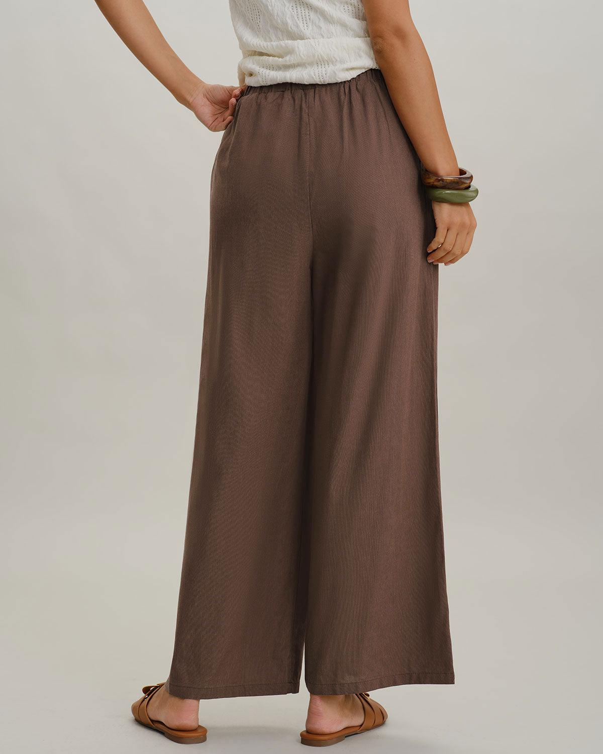 Coffee Elastic Waist Wide Leg Pants Product Image