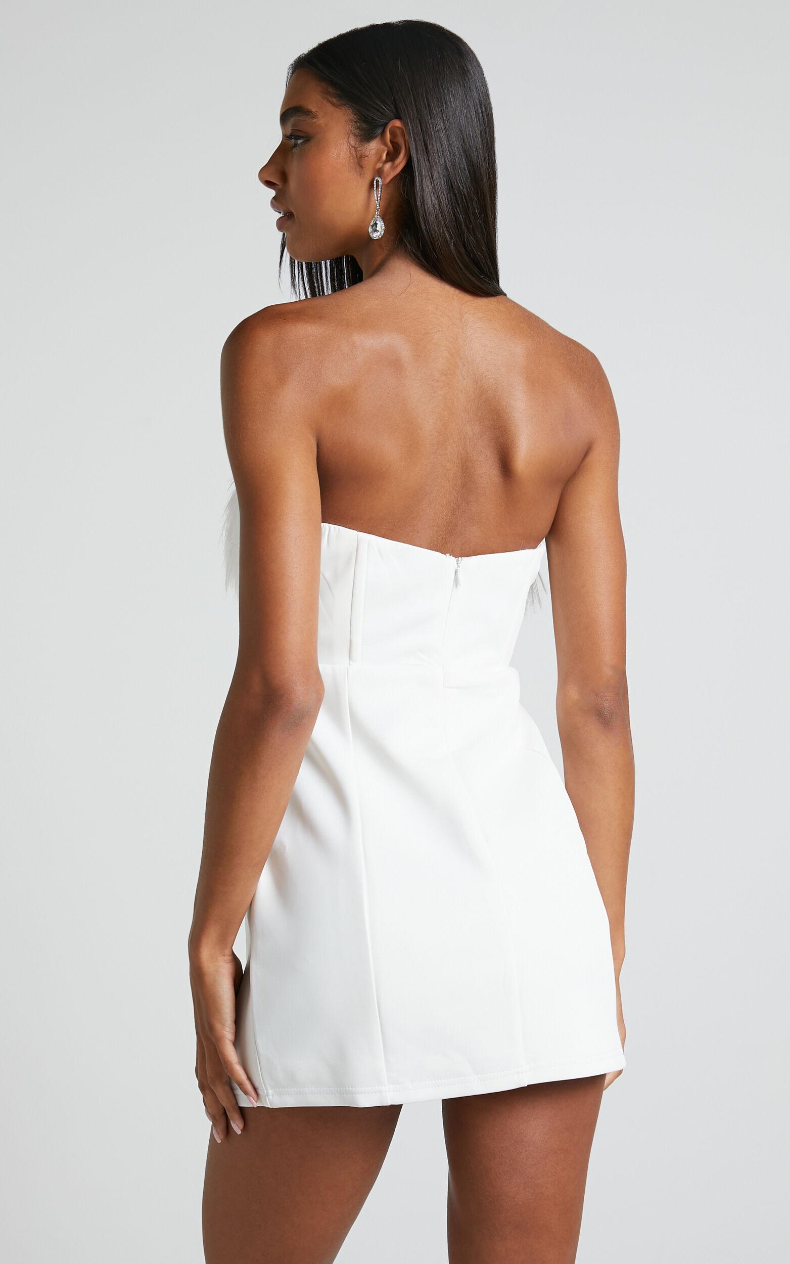 Rhaiza Mini Dress - Faux Feather Trim Strapless Dress in White Product Image