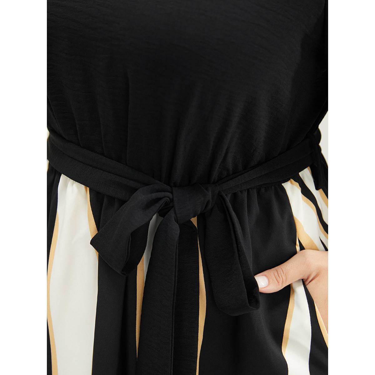 Plus Size Striped Patchwork Ruffle Sleeve Pocket Belted Keyhole Dress Black Women Office Lined Keyhole Cut-Out Short sleeve Curvy Midi Dress BloomChic 26/4X Product Image