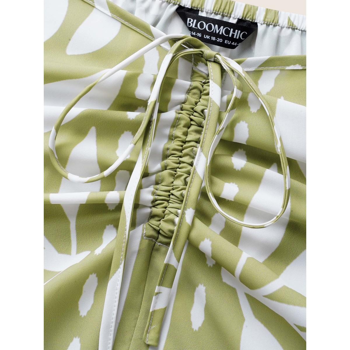 Plus Size Sage Heart Neckline Boho Print Drawstring Gathered Blouse Women Resort Short sleeve Heart neckline Vacation Blouses BloomChic 12/L Product Image