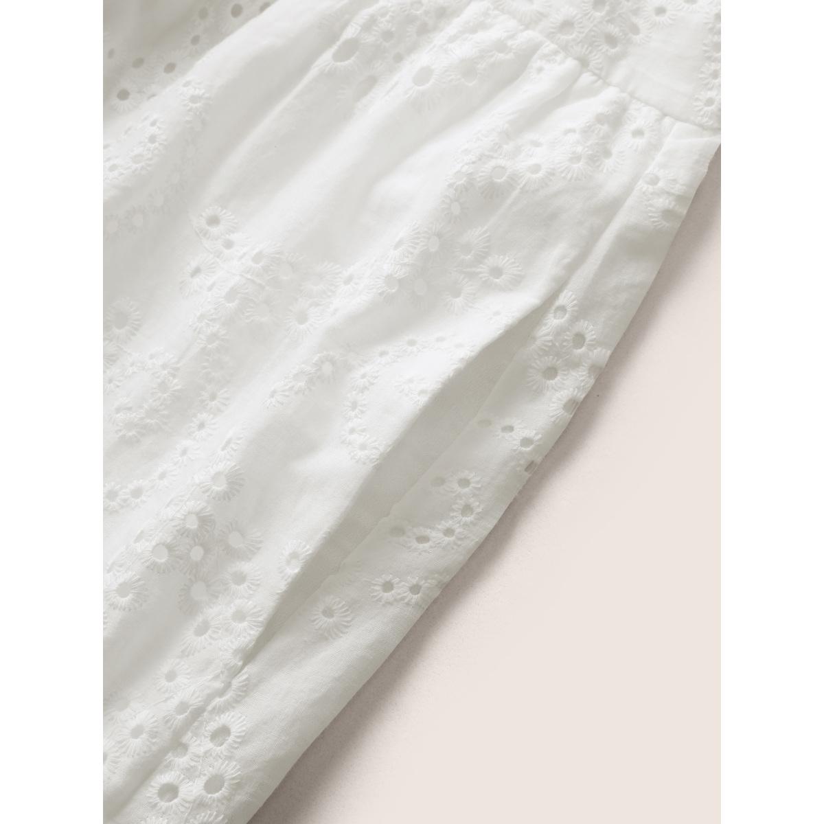 Plus Size Mock Neck Broderie Anglaise Ruffle Trim Dress White Women Resort Patchwork Round Neck Cap Sleeve Curvy Midi Dress BloomChic 10/M Product Image