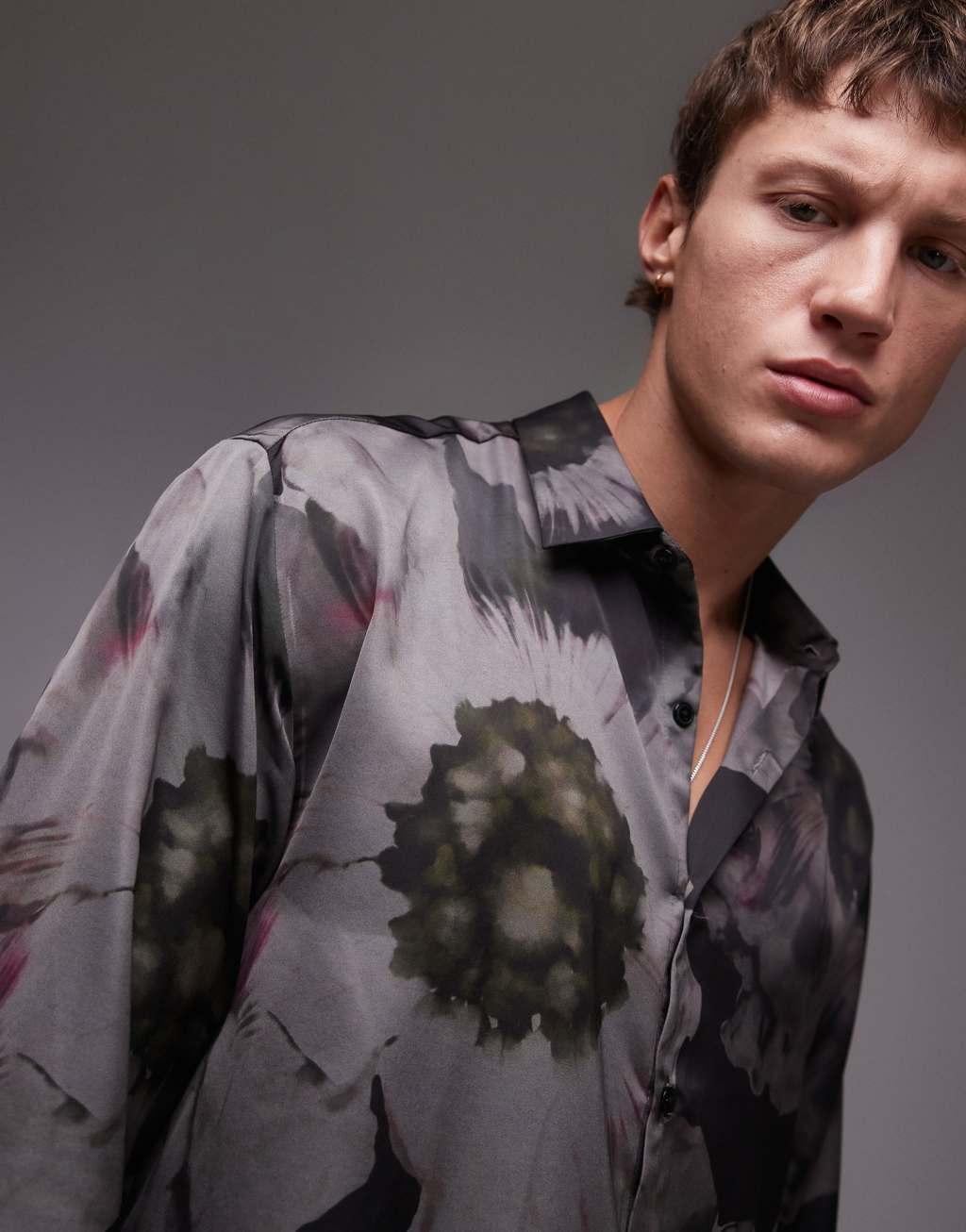 Topman long sleeve floral printed shirt in black Product Image