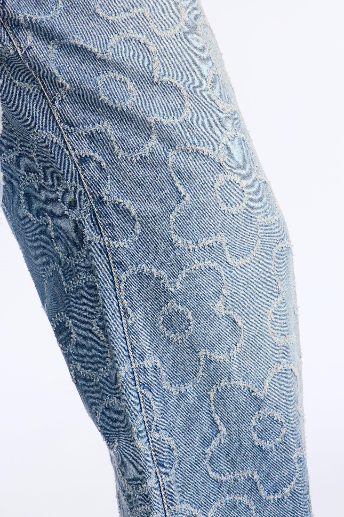 Flower Power Pull On Tie Waist Straight Leg Jeans - Medium Wash Female Product Image