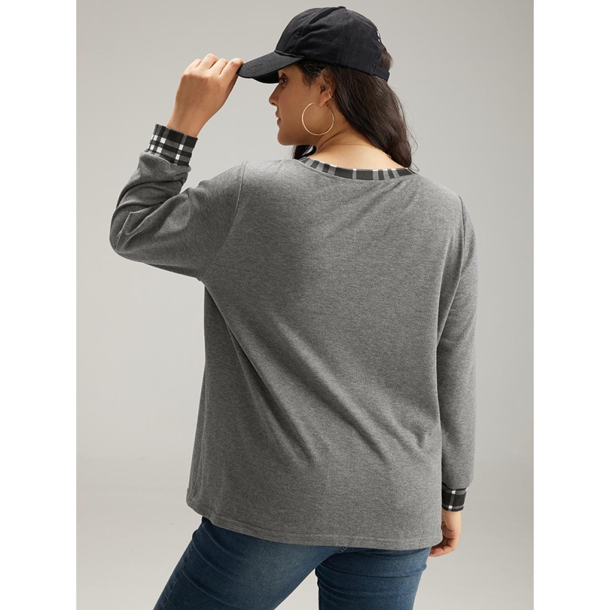 Plus Size Gingham Round Neck Pocket Patchwork Sweatshirt Women DimGray Casual Patchwork Round Neck Dailywear Sweatshirts BloomChic 26/4X Product Image