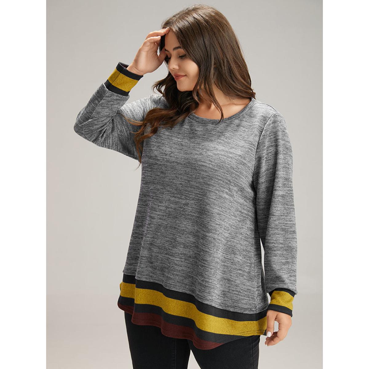 Plus Size Striped Heather Patchwork Curved Hem Sweatshirt Women Gray Casual Contrast Round Neck Dailywear Sweatshirts BloomChic 12/L Product Image