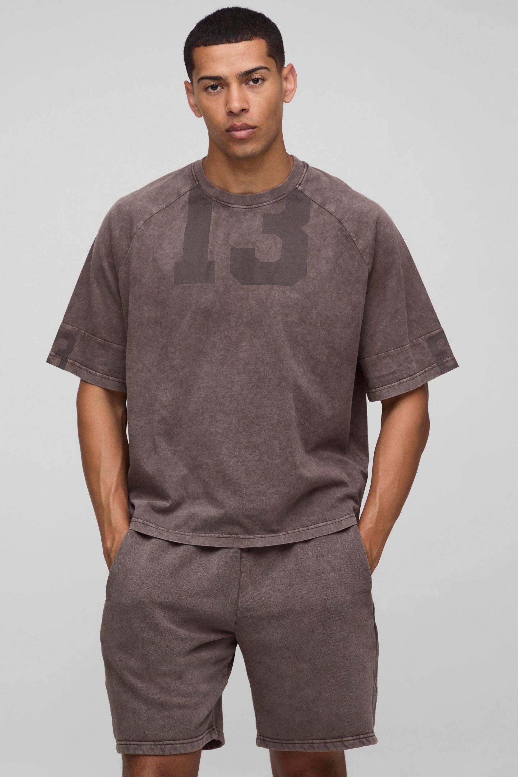 Oversized Boxy Varsity Washed T-Shirt & Short Set | boohooMAN USA Product Image