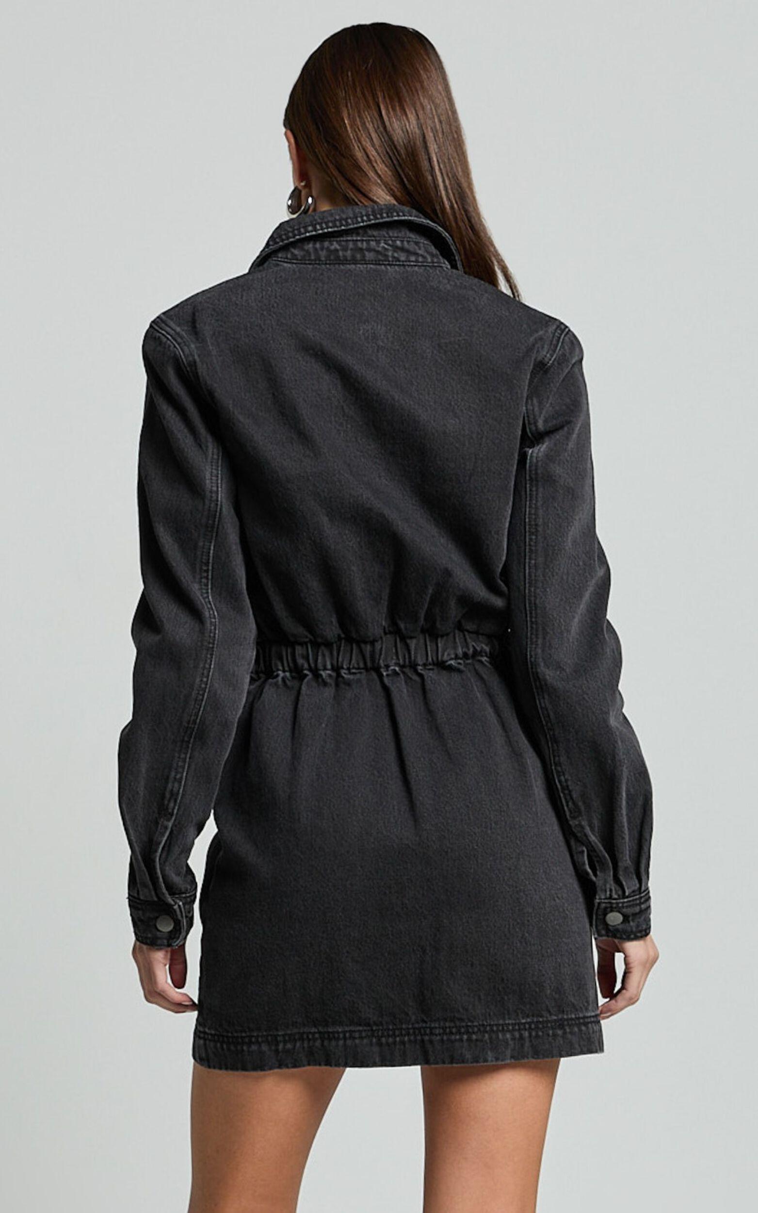 Ainsley Mini Dress - Button Through Long Sleeve Denim Dress in Washed Black Product Image