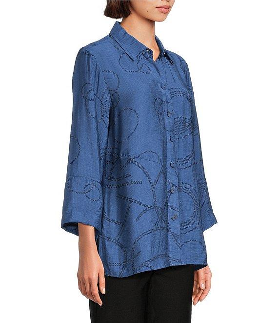 Ali Miles Woven Geometric Print Point Collar 3/4 Sleeve Button-Front Tunic Product Image