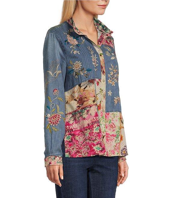 John Mark Embroidered Mixed Media Collar Long Sleeve Button Down Top Product Image