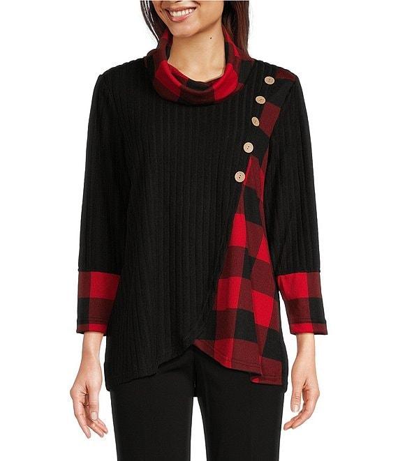 Ali Miles Brushed Textured Knit Solid Plaid Pattern Cowl Neck 3/4 Sleeve Tunic Product Image