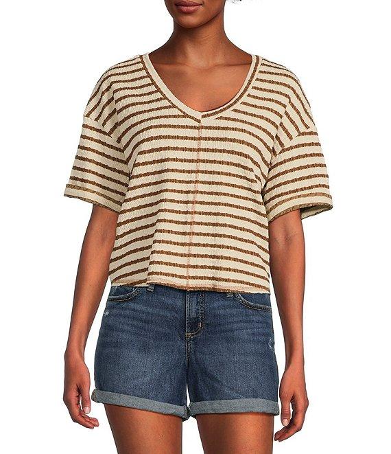 Moa Moa Striped V-Neck Short Sleeve Top Product Image