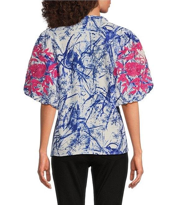 Calessa Petite Size Embroidered Printed Ruffled Split V-Neck Elbow Length Sleeve Tunic Product Image