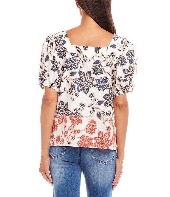 Karen Kane Poplin Batik Print Square Neck Puffed Short Sleeve Top Product Image